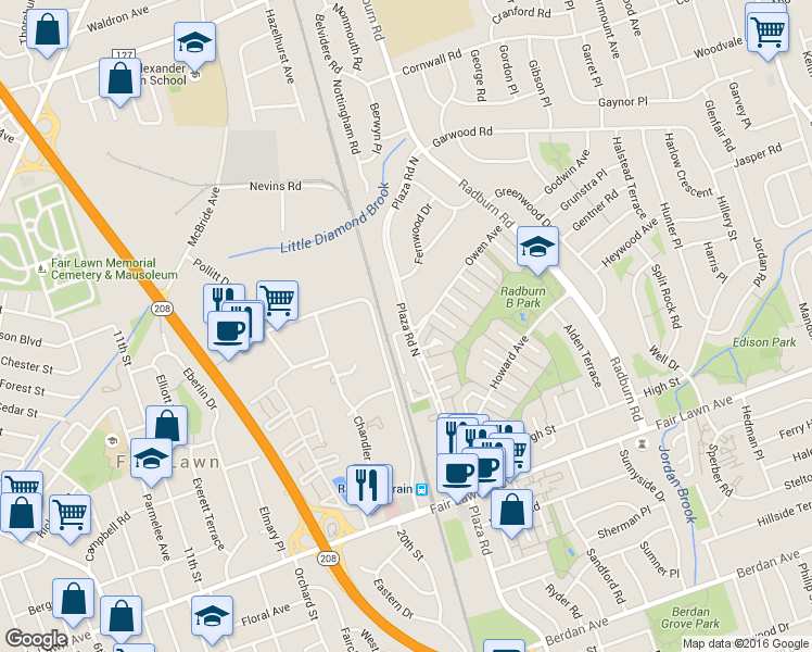map of restaurants, bars, coffee shops, grocery stores, and more near 348 Plaza Road North in Fair Lawn