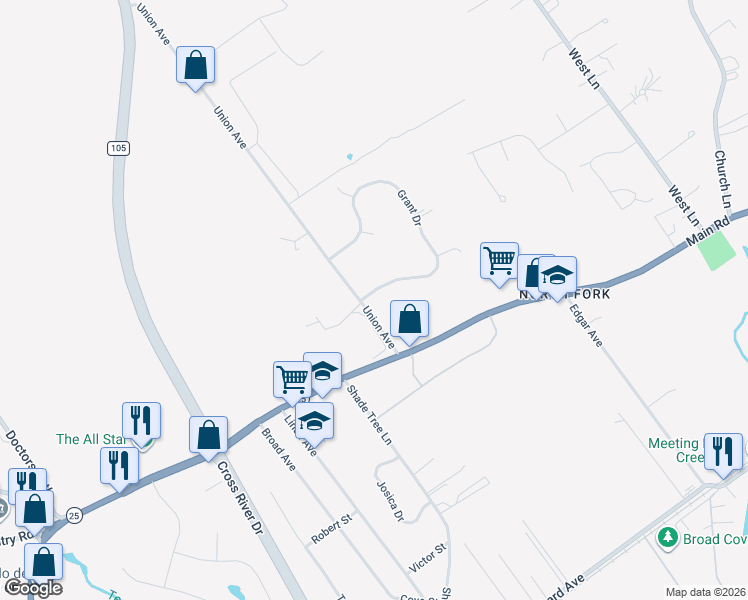 map of restaurants, bars, coffee shops, grocery stores, and more near 7 Grant Drive in Aquebogue