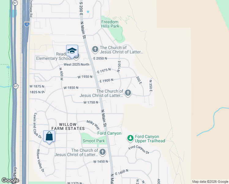 map of restaurants, bars, coffee shops, grocery stores, and more near 1850 North 100 East in Centerville