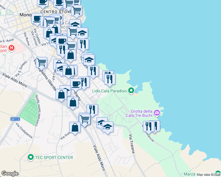 map of restaurants, bars, coffee shops, grocery stores, and more near 191 Via Procaccia in Monopoli