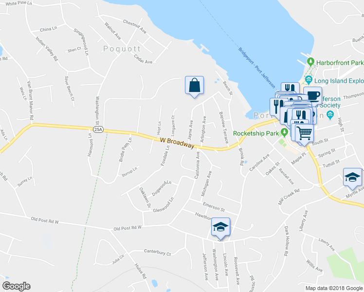 map of restaurants, bars, coffee shops, grocery stores, and more near 415 West Broadway in Port Jefferson