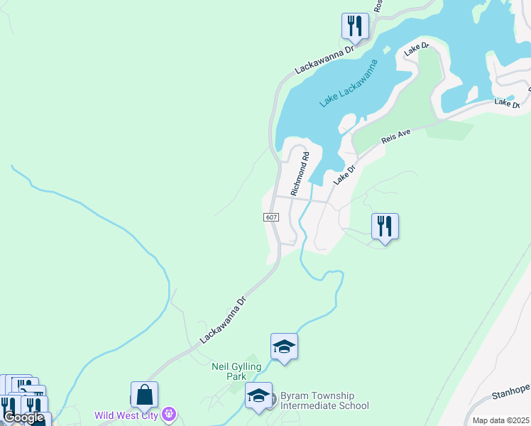 map of restaurants, bars, coffee shops, grocery stores, and more near 91 Lackawanna Drive in Stanhope