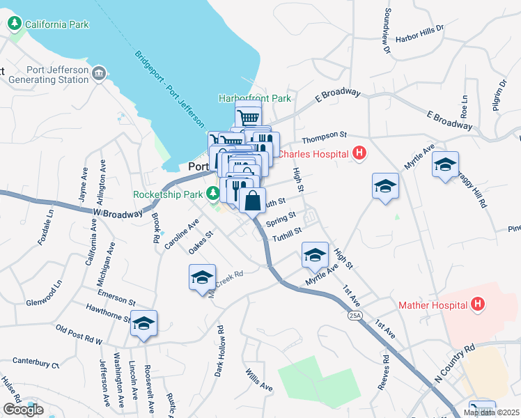 map of restaurants, bars, coffee shops, grocery stores, and more near 105 Spring Street in Port Jefferson