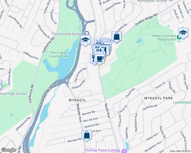 map of restaurants, bars, coffee shops, grocery stores, and more near 1228 North Avenue in New Rochelle