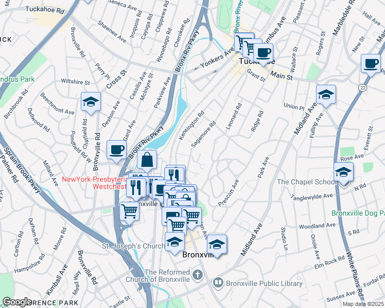 map of restaurants, bars, coffee shops, grocery stores, and more near 44 Sagamore Road in Bronxville