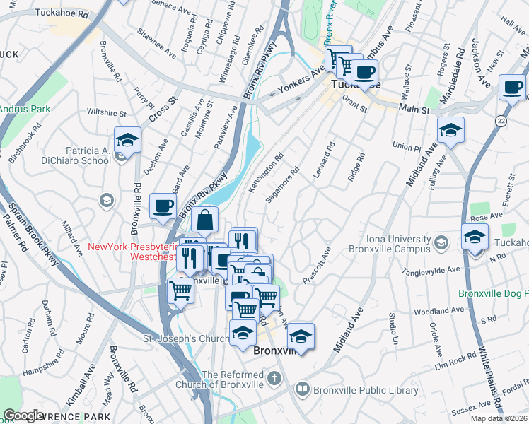 map of restaurants, bars, coffee shops, grocery stores, and more near 44 Sagamore Road in Bronxville