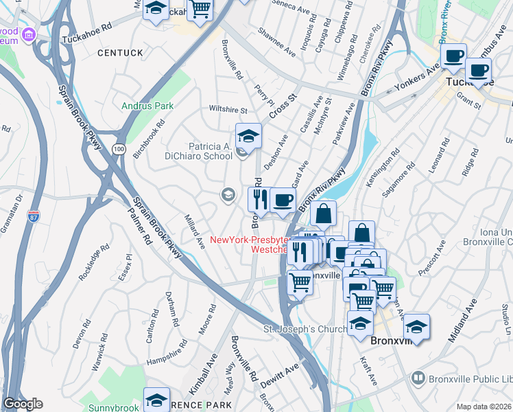 map of restaurants, bars, coffee shops, grocery stores, and more near 56 Pondfield Road West in Bronxville