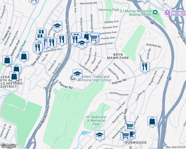 map of restaurants, bars, coffee shops, grocery stores, and more near 265 Palmer Road in Yonkers