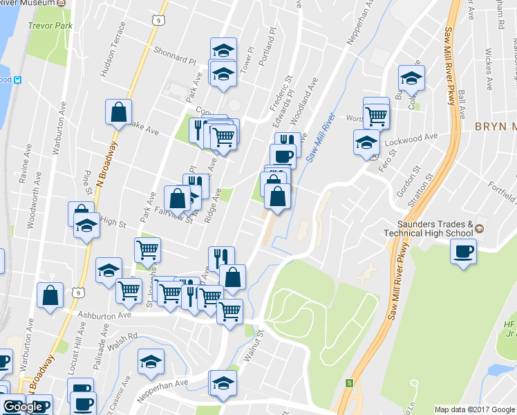 map of restaurants, bars, coffee shops, grocery stores, and more near 70 Moquette Row South in Yonkers