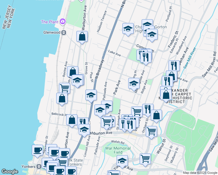 map of restaurants, bars, coffee shops, grocery stores, and more near 117 Park Avenue in Yonkers