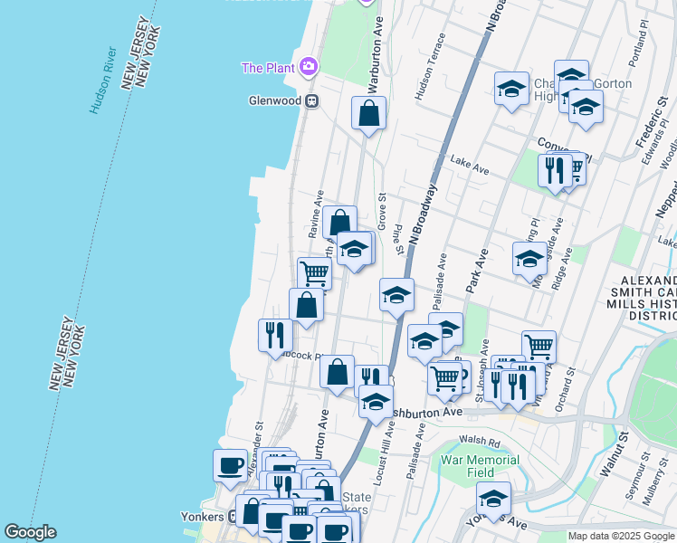 map of restaurants, bars, coffee shops, grocery stores, and more near 249 Warburton Avenue in Yonkers