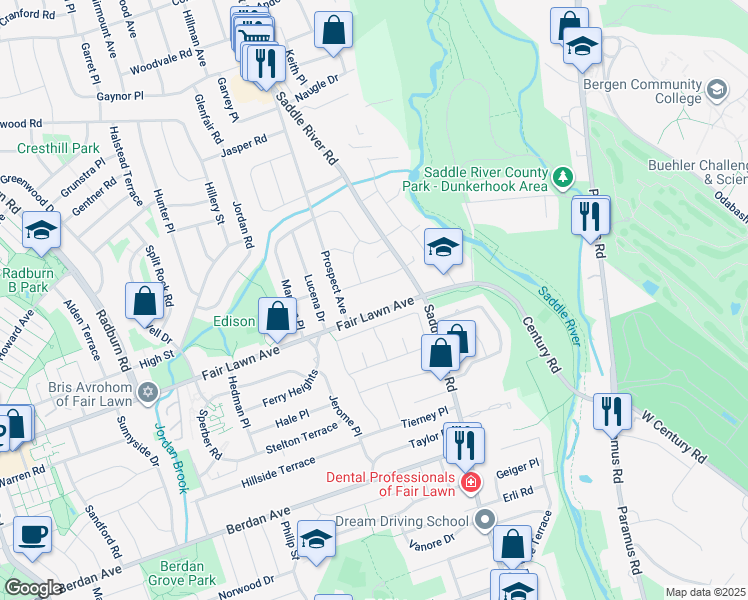 map of restaurants, bars, coffee shops, grocery stores, and more near 39-35 Fair Lawn Avenue in Fair Lawn