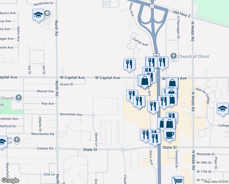map of restaurants, bars, coffee shops, grocery stores, and more near 3721 West Capital Avenue in Grand Island