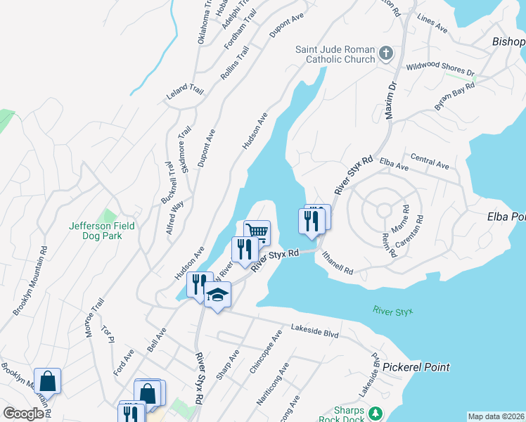 map of restaurants, bars, coffee shops, grocery stores, and more near 110 North River Styx Road in Hopatcong
