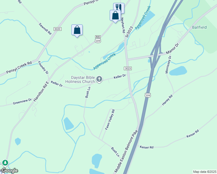 map of restaurants, bars, coffee shops, grocery stores, and more near 209 Keller Drive in Stroudsburg