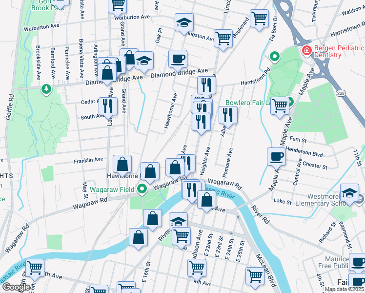 map of restaurants, bars, coffee shops, grocery stores, and more near 94 Passaic Avenue in Hawthorne