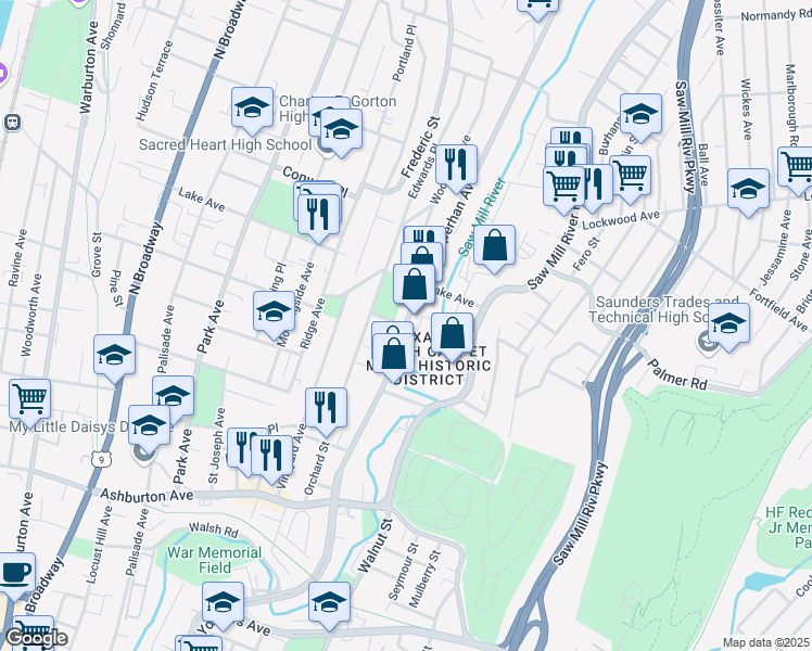 map of restaurants, bars, coffee shops, grocery stores, and more near Nepperhan Avenue & Orchard Place in Yonkers