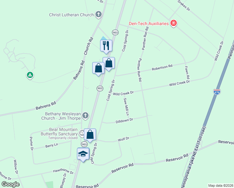map of restaurants, bars, coffee shops, grocery stores, and more near 12 Wild Creek Dr in Jim Thorpe