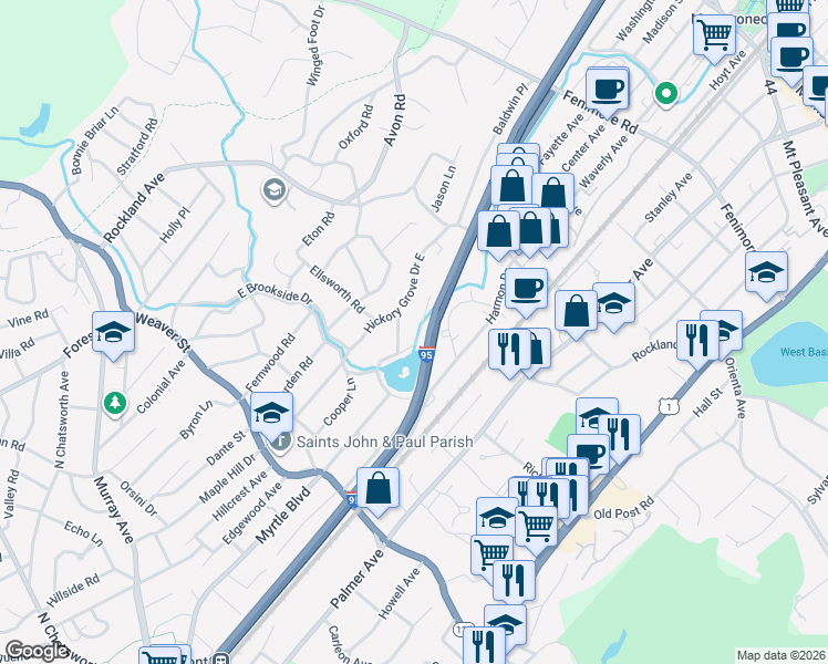 map of restaurants, bars, coffee shops, grocery stores, and more near 55 Lakeside Drive in Larchmont