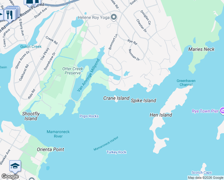 map of restaurants, bars, coffee shops, grocery stores, and more near 85 Brevoort Lane in Rye