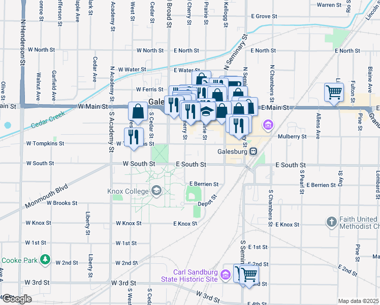 map of restaurants, bars, coffee shops, grocery stores, and more near 101-199 E South St in Galesburg