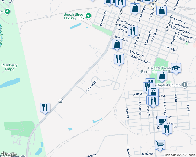 map of restaurants, bars, coffee shops, grocery stores, and more near 46 Newport Drive in Hazleton
