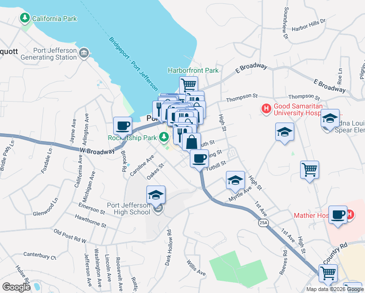 map of restaurants, bars, coffee shops, grocery stores, and more near 328 Main Street in Port Jefferson