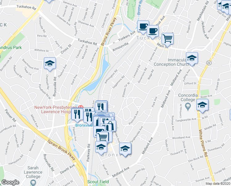 map of restaurants, bars, coffee shops, grocery stores, and more near 7 Red Oak Road in Bronxville