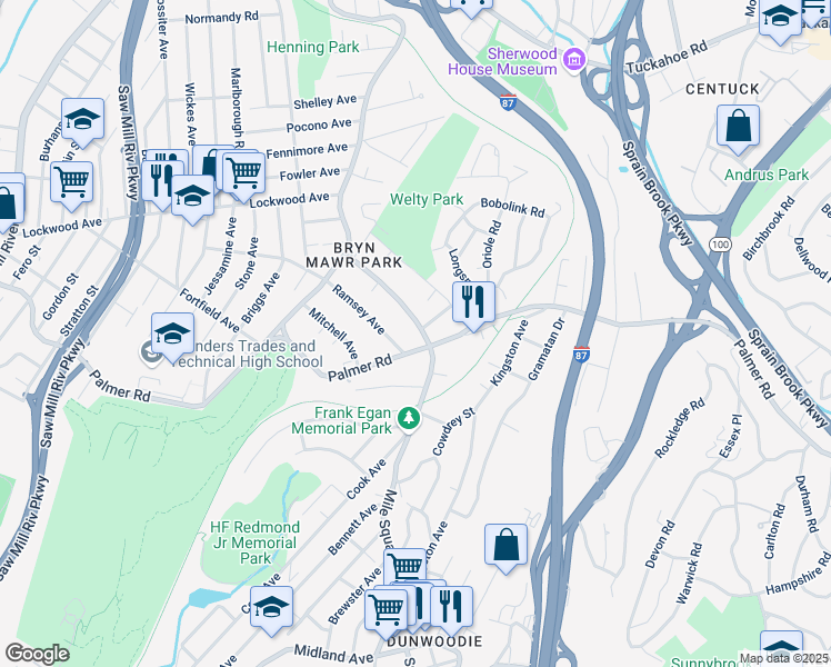 map of restaurants, bars, coffee shops, grocery stores, and more near 404 Palmer Road in Yonkers