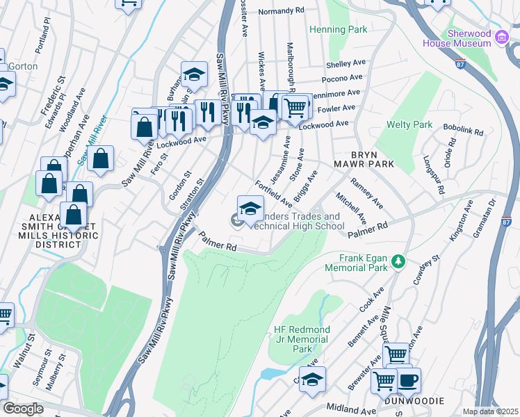 map of restaurants, bars, coffee shops, grocery stores, and more near 205 Jessamine Avenue in Yonkers