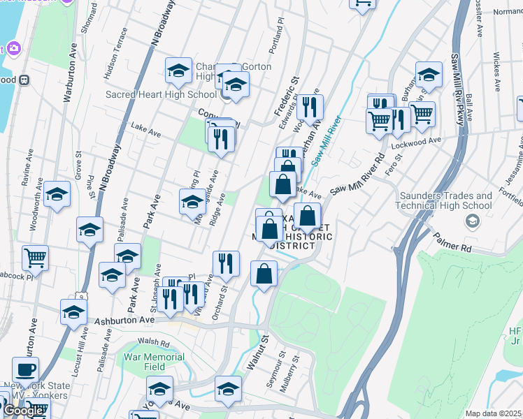 map of restaurants, bars, coffee shops, grocery stores, and more near 70 Moquette Row South in Yonkers