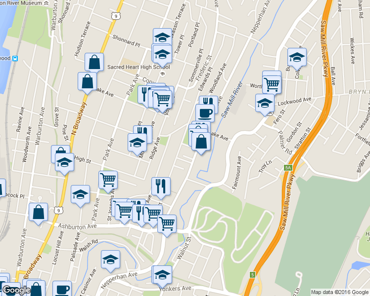 map of restaurants, bars, coffee shops, grocery stores, and more near 70 Moquette Row South in Yonkers