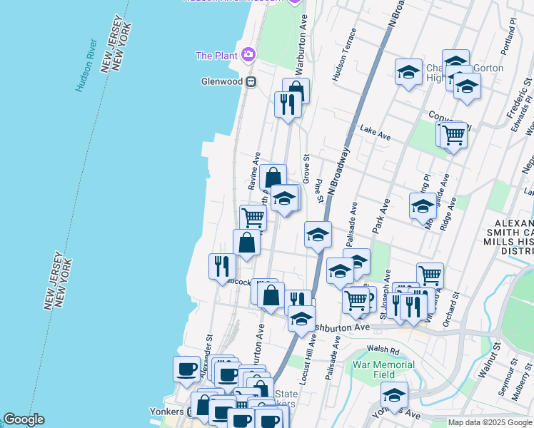 map of restaurants, bars, coffee shops, grocery stores, and more near 249 Warburton Avenue in Yonkers