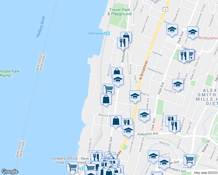 map of restaurants, bars, coffee shops, grocery stores, and more near 24 Ravine Avenue in Yonkers