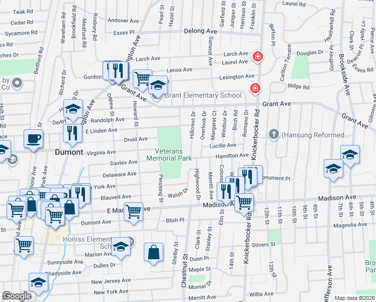 map of restaurants, bars, coffee shops, grocery stores, and more near 106 Highwood Drive in Dumont