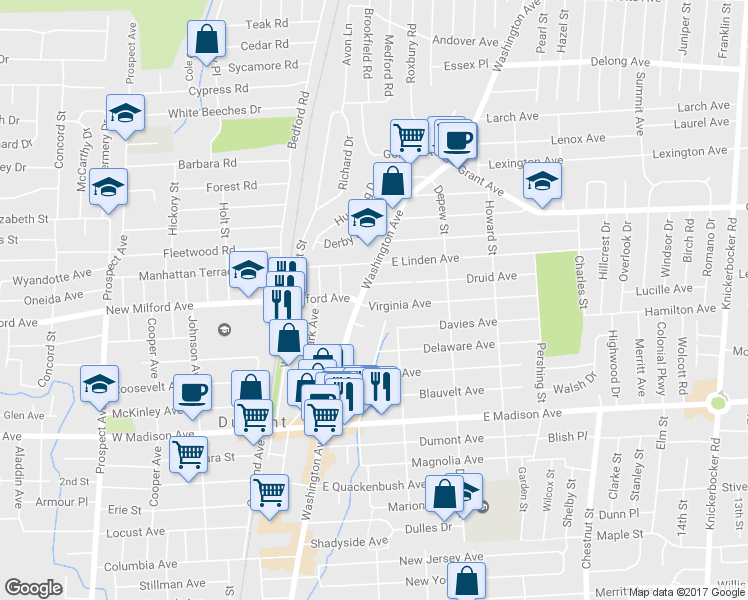 map of restaurants, bars, coffee shops, grocery stores, and more near in Dumont