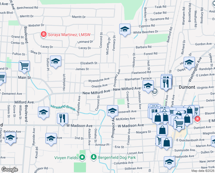 map of restaurants, bars, coffee shops, grocery stores, and more near 291 New Milford Avenue in Dumont