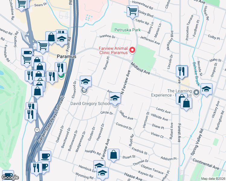 map of restaurants, bars, coffee shops, grocery stores, and more near 134 Arnot Place in Paramus