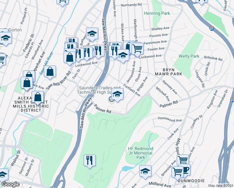 map of restaurants, bars, coffee shops, grocery stores, and more near 213 Jessamine Avenue in Yonkers