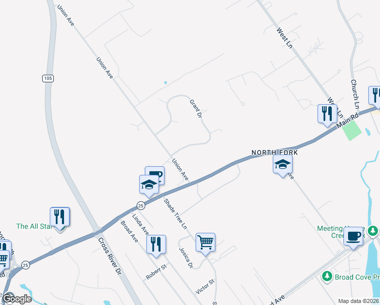 map of restaurants, bars, coffee shops, grocery stores, and more near 7 Grant Drive in Aquebogue