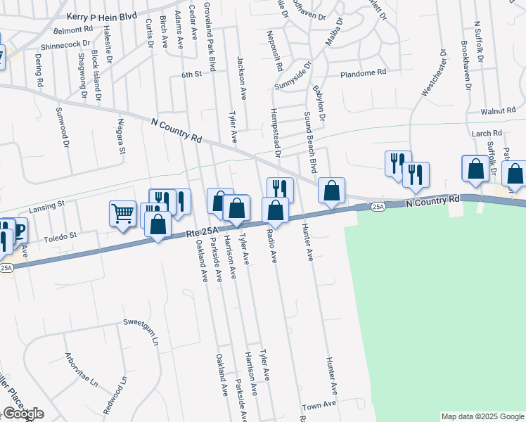 map of restaurants, bars, coffee shops, grocery stores, and more near 886 New York 25A in Miller Place