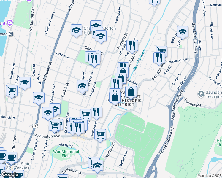 map of restaurants, bars, coffee shops, grocery stores, and more near 70 Moquette Row South in Yonkers