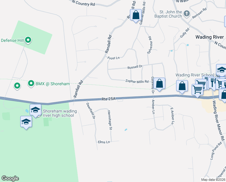 map of restaurants, bars, coffee shops, grocery stores, and more near 283 New York 25A in Wading River