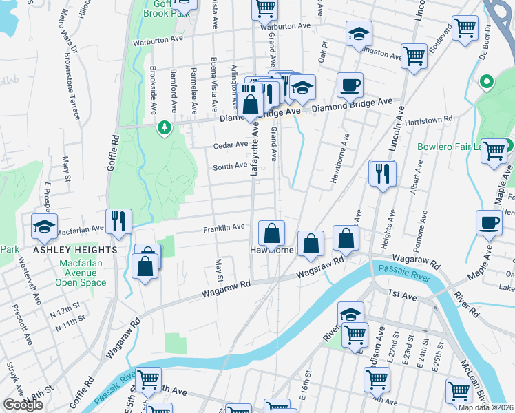 map of restaurants, bars, coffee shops, grocery stores, and more near 169 Lafayette Avenue in Hawthorne