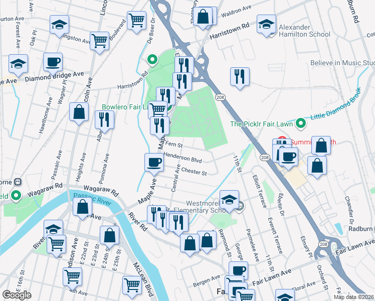 map of restaurants, bars, coffee shops, grocery stores, and more near 821 Henderson Boulevard in Fair Lawn