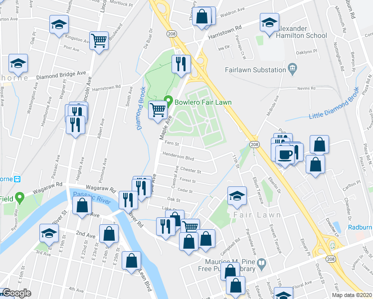map of restaurants, bars, coffee shops, grocery stores, and more near 8-10 Fern Street in Fair Lawn