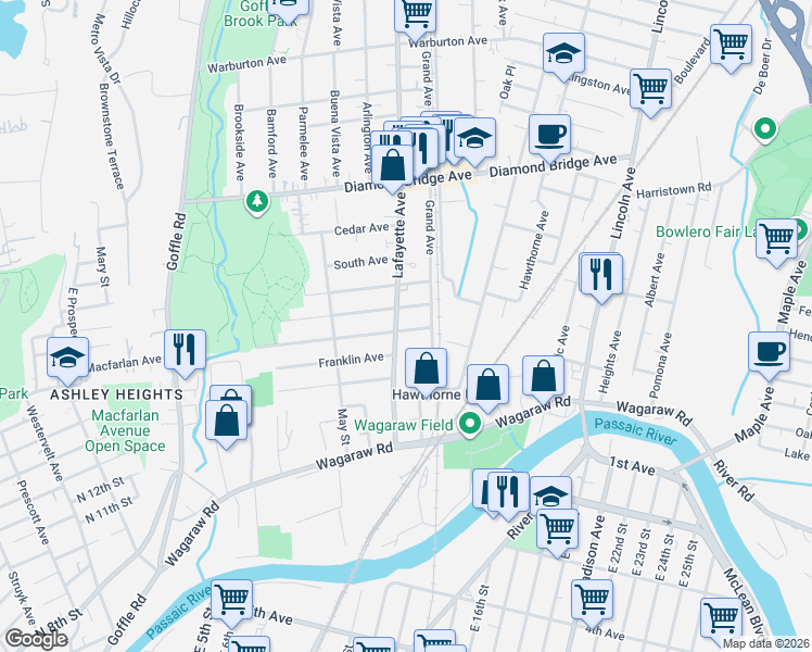 map of restaurants, bars, coffee shops, grocery stores, and more near 169 Lafayette Avenue in Hawthorne