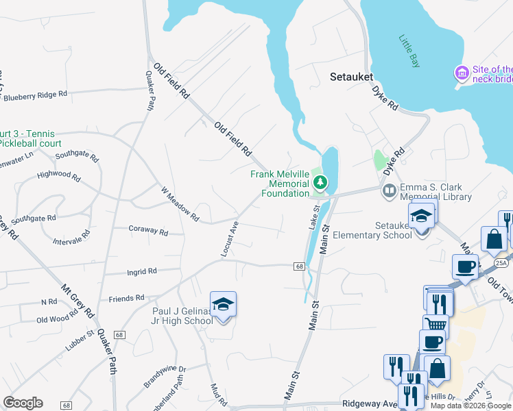 map of restaurants, bars, coffee shops, grocery stores, and more near 5 Park Street in Setauket- East Setauket