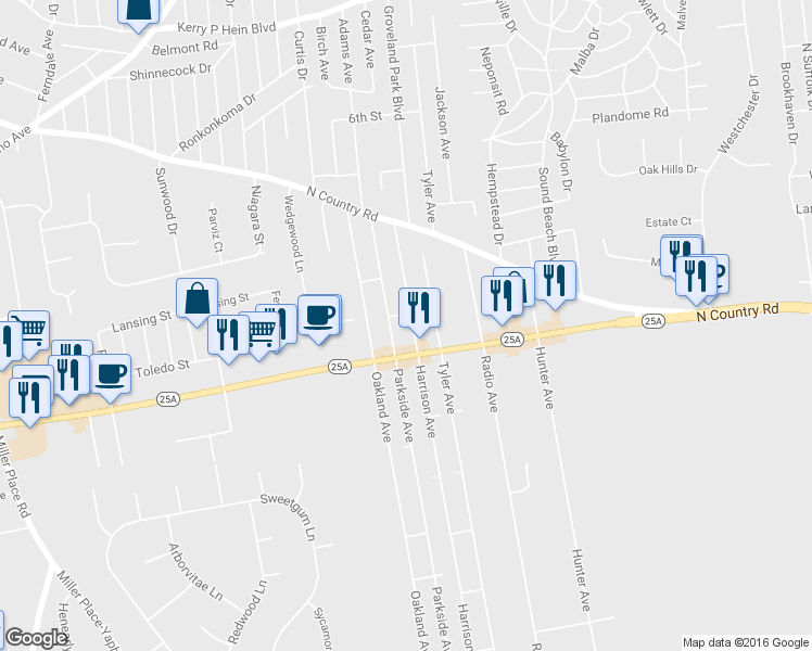 map of restaurants, bars, coffee shops, grocery stores, and more near 136 Harrison Avenue in Miller Place