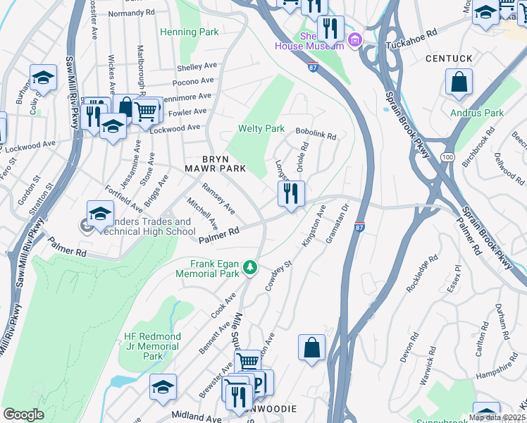 map of restaurants, bars, coffee shops, grocery stores, and more near 438 Palmer Road in Yonkers